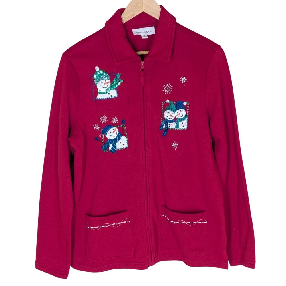 Breckenridge Snowman Red Zip Up Collared Christmas Sweatshirt Womens Medium